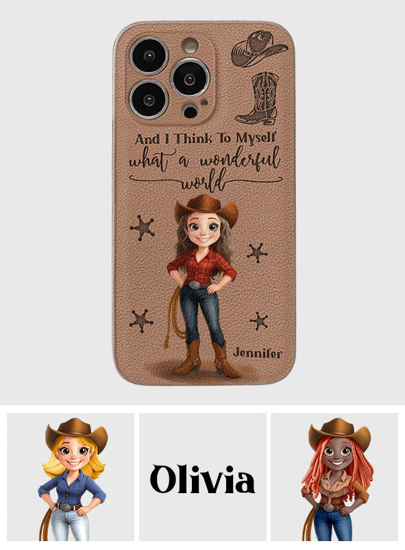Cowgirl What A Wonderful World - Personalisierte Cowgirl-Handyhülle aus Leder