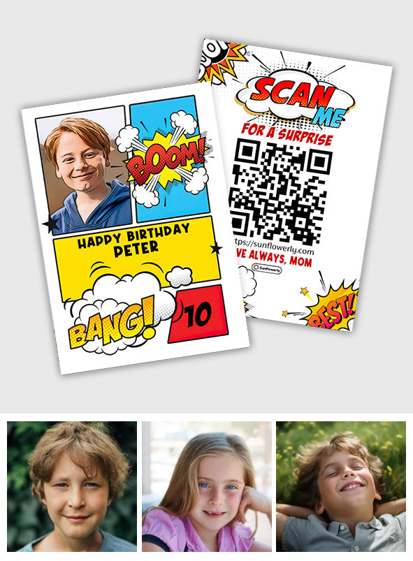 Geburtstagsfoto im Comic-Stil hochladen – personalisierte QR-Grußkarte