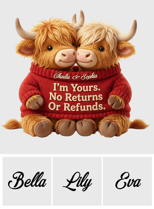 Ich gehöre dir. Keine Rückgabe oder Rückerstattung – Personalisiertes Kissen in Form eines Hochlandrindes aus Kunstfell.