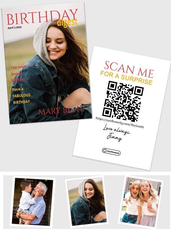 Birthday Digest Magazine Photo Upload - Personalized QR Greeting Card