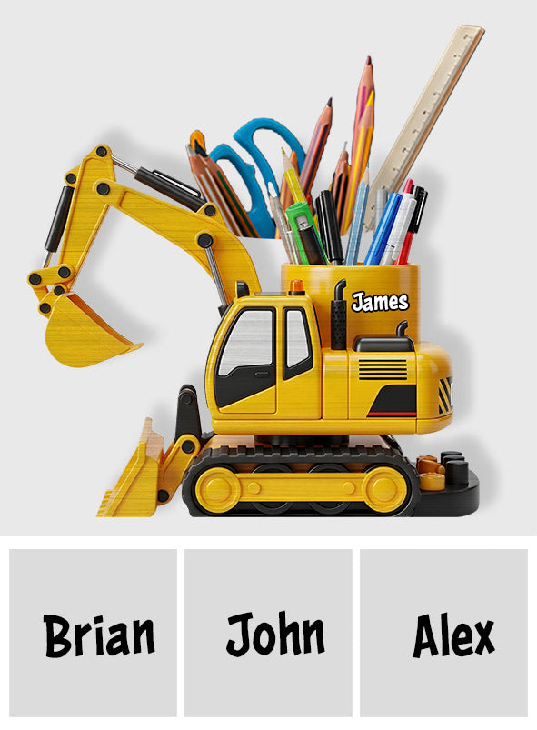 Cooles Baustellenfahrzeug – personalisierter Stiftehalter aus Holz für Kinder