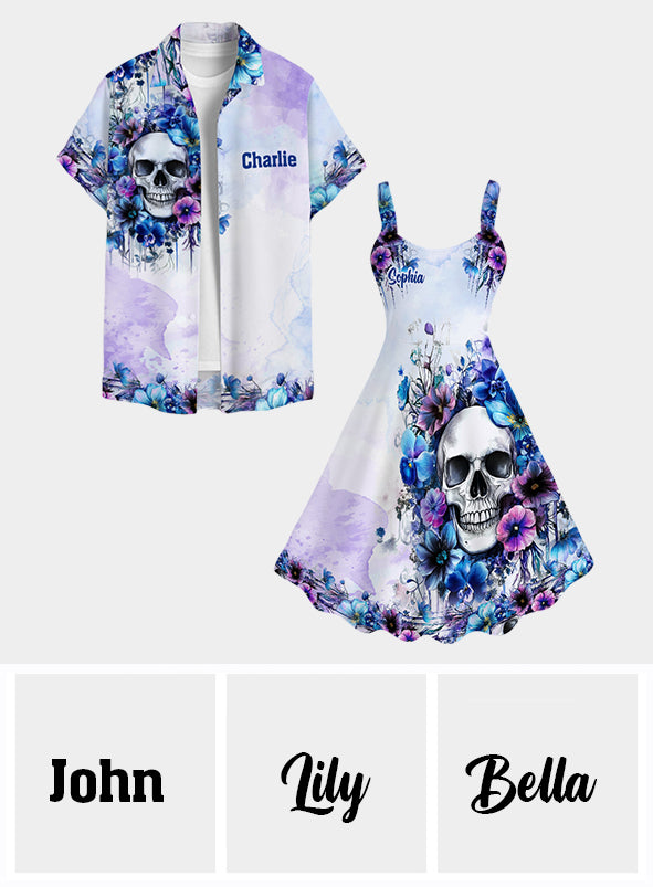 Aquarell-Blumenschädel – Personalisiertes Totenkopf-Hawaiihemd & ärmelloses Kleid