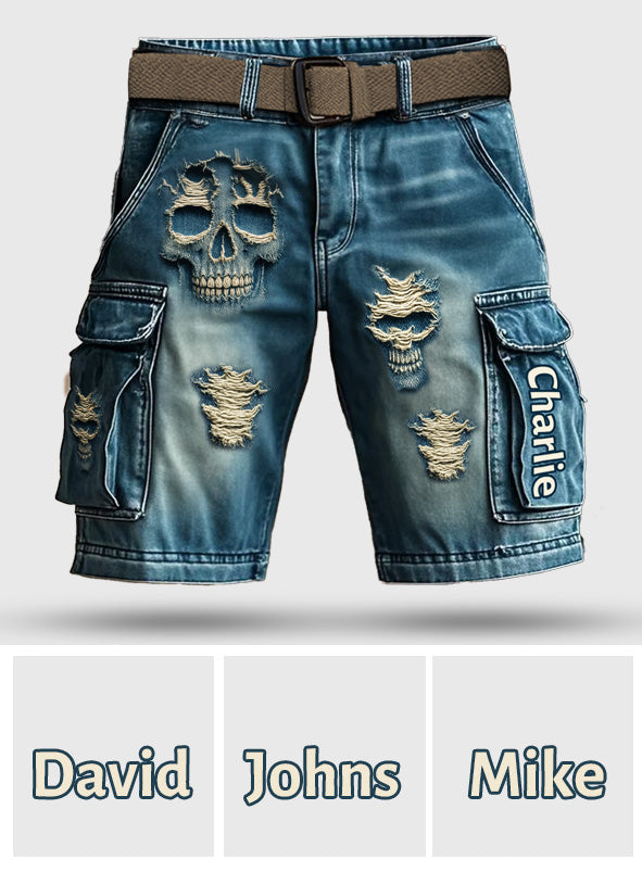 Personalisierte Cargoshorts mit Totenkopfmotiv und Gürtel