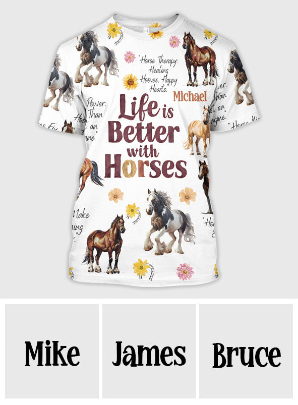 Das Leben ist besser mit Pferden – Personalisiertes T-Shirt mit Pferdemotiv
