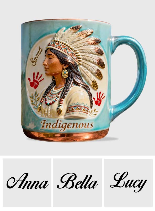 Indigenes Design – Personalisierte Tasse und Untersetzer mit amerikanischem Indianer-Akzent