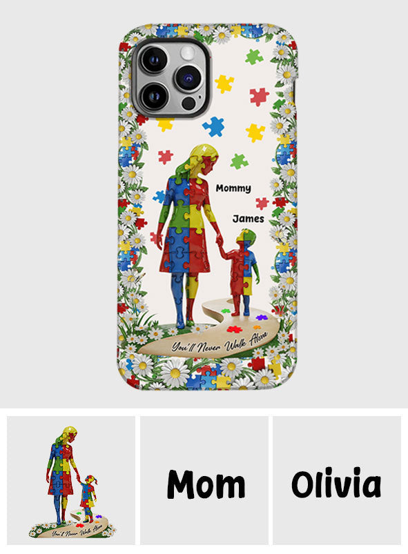 Du wirst niemals allein gehen – Personalisierte Handyhülle mit vollflächigem Aufdruck zum Thema Autismus