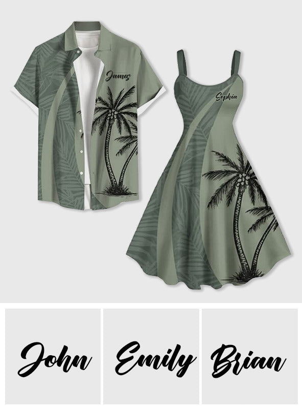 Partnerlook-Outfit mit tropischem Kokosnussblatt-Print für den Hawaii-Strand – personalisiertes Hawaiihemd und ärmelloses Kleid