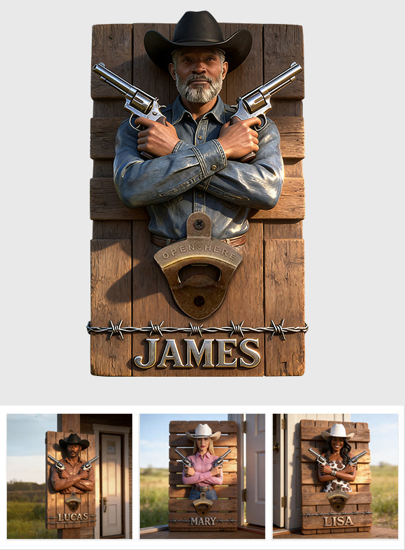 Personalisierter Wand-Flaschenöffner mit Foto - Western Outfit