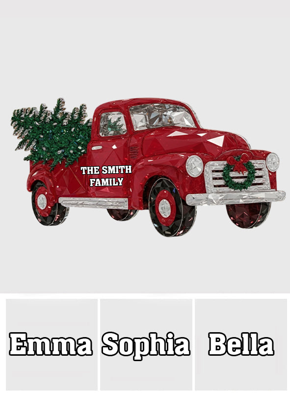 Kristallroter Truck – Frohe Weihnachten – Personalisierte Acrylplakette in individueller Familienform