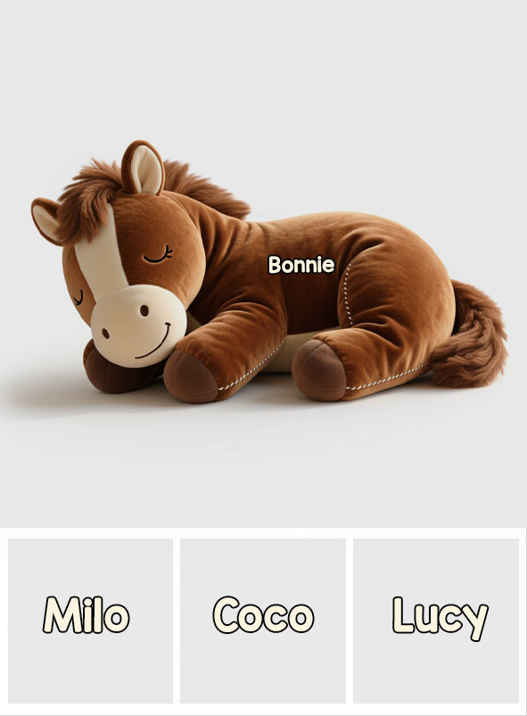 Schlafendes Pony – Personalisiertes Kissen in Pferdeform aus Kunstfell