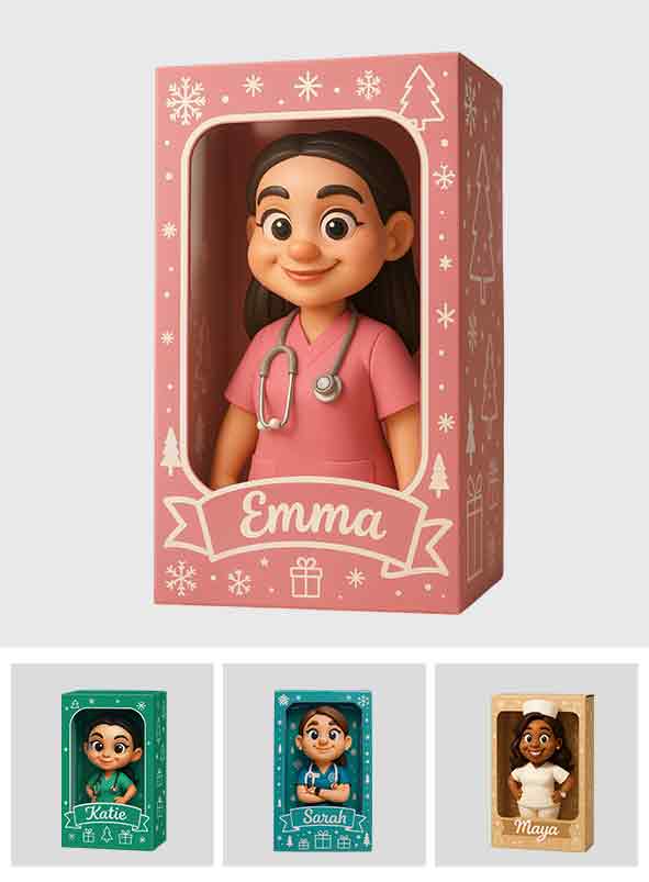 Weihnachtsgeschenk für Krankenschwestern im Cartoon-Stil – personalisierte Acrylplakette in individueller Krankenschwesterform