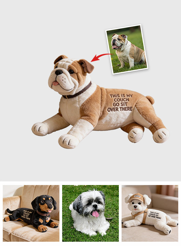 Das ist meine Couch – personalisiertes Kissen in Hundeform aus Kunstfell.