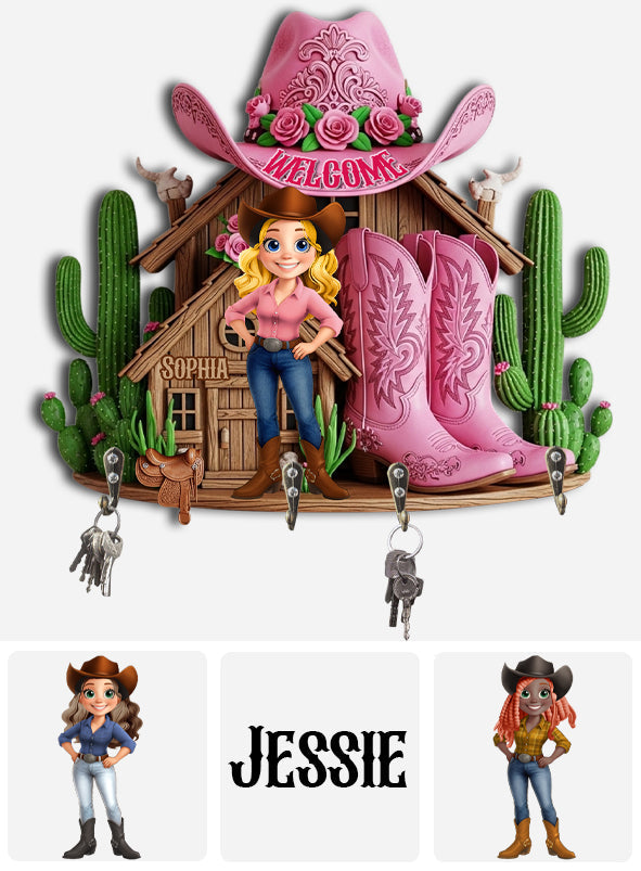 Willkommen im Cowgirl-Haus – Personalisierter Schlüsselhalter in Cowgirl-Form