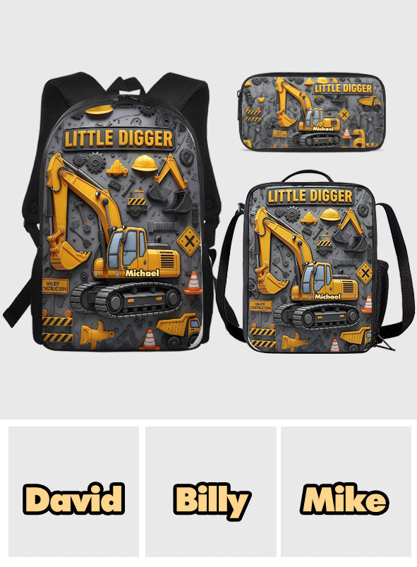 Littie Digger - Personalisiertes Kinderrucksack-, Lunchtaschen- und Federmäppchen-Set
