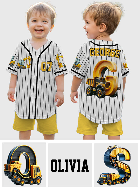 Coole Baustellenfahrzeuge – personalisiertes Kinder-Trikot und Shorts