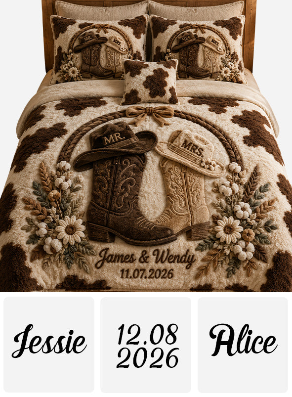 Couple Cowboy Boots And Hat - Personalized Western Outfit Bedding Set