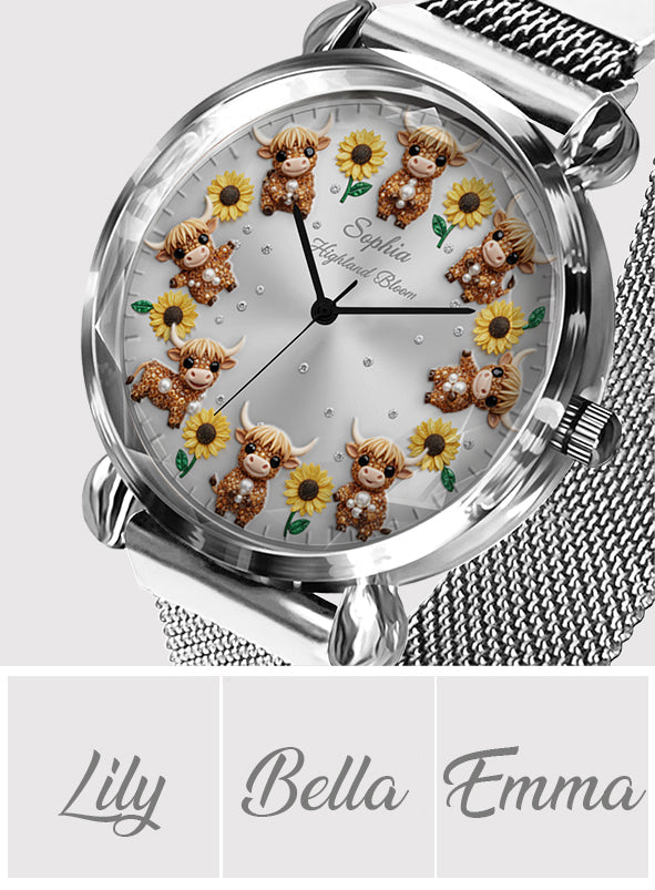 Sunflower & Cow - Personalized Highland Cow Women Hand Watch