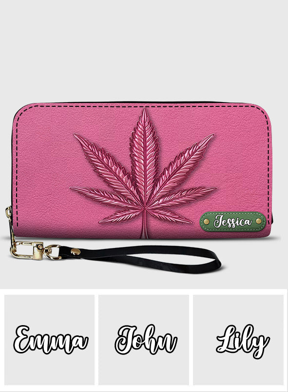 Pink Stoner Chic – Personalisierte Ledergeldbörse im Weed-Stil