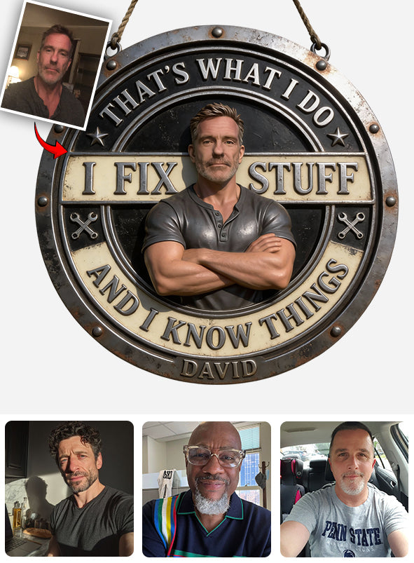 Individuell gestaltetes Schild „Ich repariere Dinge“ – nach Foto – personalisiertes Metallschild im Mechanikerstil