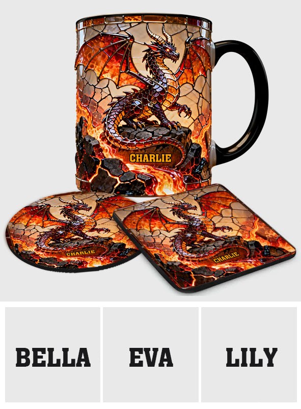 Feuerdrache – Personalisierte Tasse und Untersetzer mit Drachenmotiv