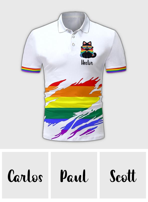 Pride-Katzen-Shirt, Retro-Regenbogenfarben – personalisiertes LGBT-Unterstützungs-Poloshirt