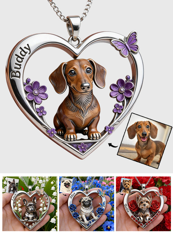 Any Photo Love My Pet Custom Flower - Personalized Dog Shaped Metal Pendant Necklace