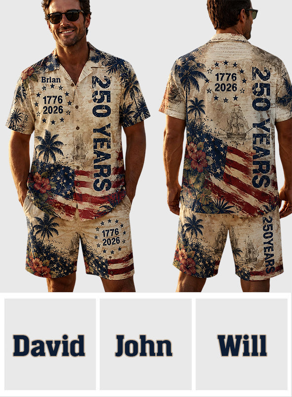 250 Jahre Vintage US Unabhängigkeitstag Aloha Hemd & Hosen Set - Personalisierbares Hemd zum Unabhängigkeitstag/ 4. Juli Hawaiian Shirt & Herren Shorts