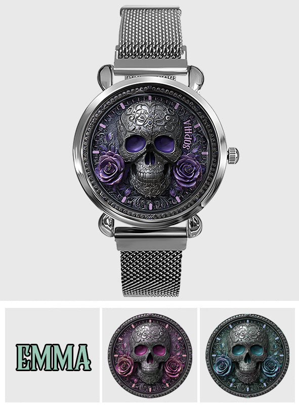 Totenkopf und Rosen – Personalisierte Totenkopf-Damenhanduhr