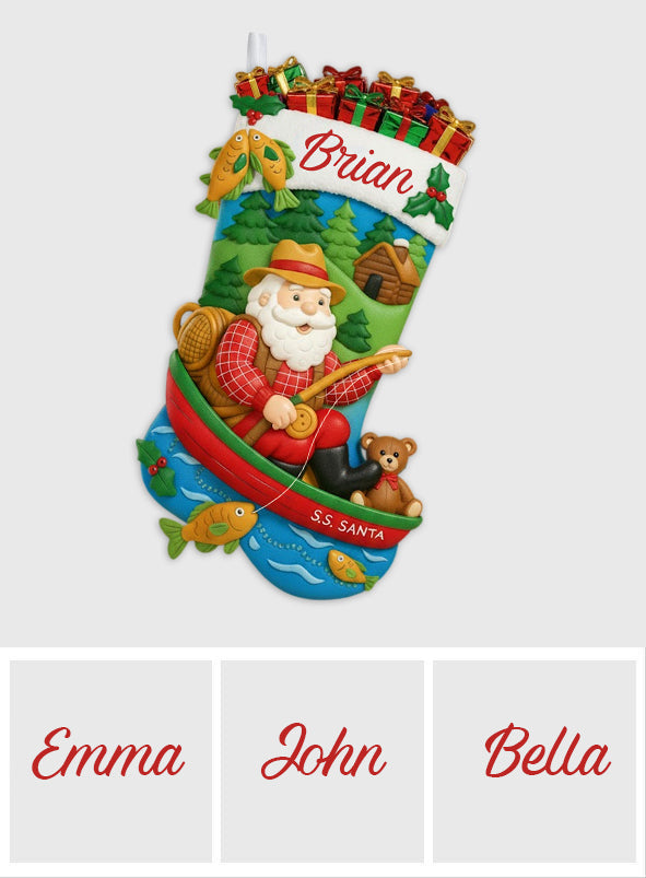 Weihnachtsmann beim Angeln - Personalisierter Weihnachtsstrumpf in Angelform