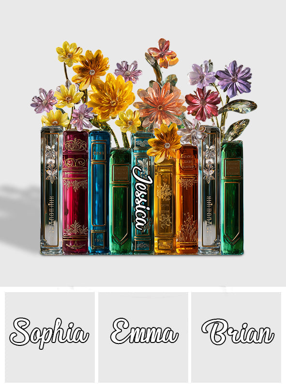 Bücher und Blumen – Personalisierte Acrylplakette in Buchform