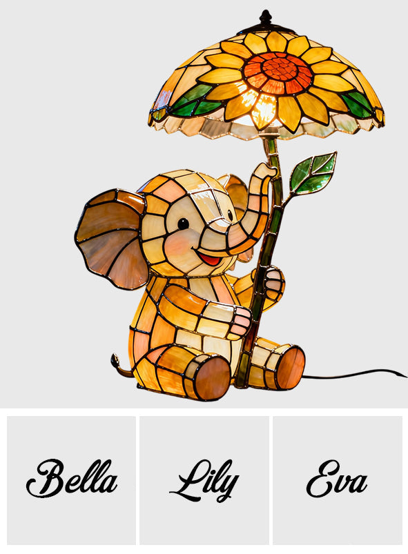 Babyelefant mit Sonnenblume – Personalisierte Elefanten-Nachtleuchte aus Acryl mit LED-Beleuchtung