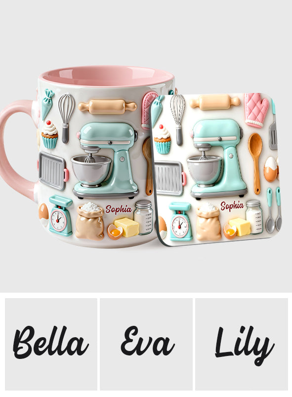 Liebe zum Backen – Personalisierte Tasse und Untersetzer mit Backmotiv