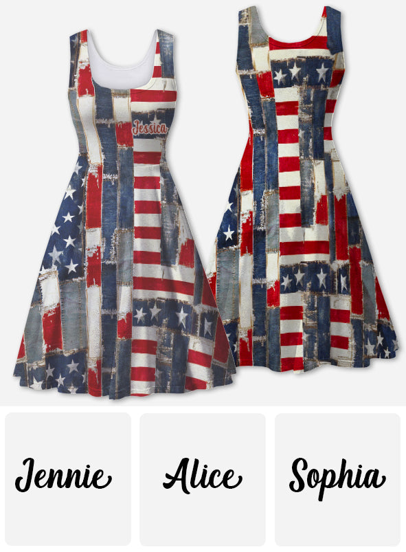 Retro American Flag Denim Floral Art - Personalized Independence Day/ 4th of July Sleeveless Dress