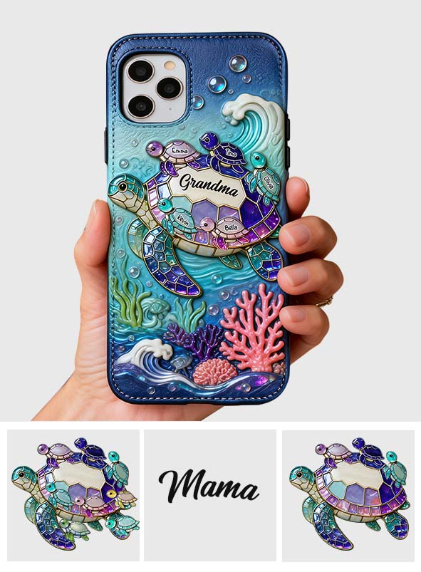 Grandma Turtle - Personalized Turtle 3D Embossed Leather Phone Case