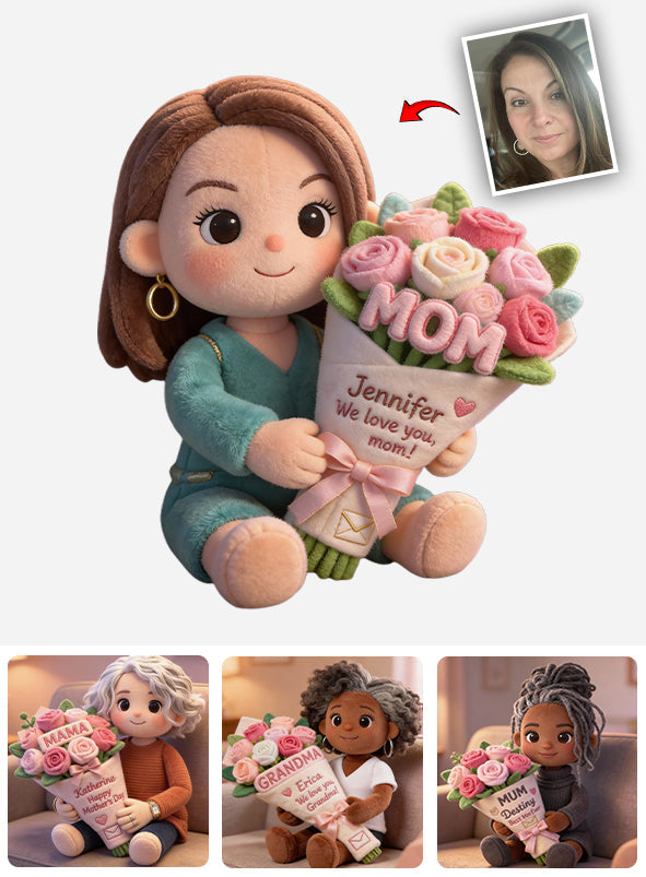 Wunderschöner Blumenstrauß mit Foto nach Wunsch für Mama, Oma – personalisiertes Kissen in Form eines Muttertags aus Kunstfell