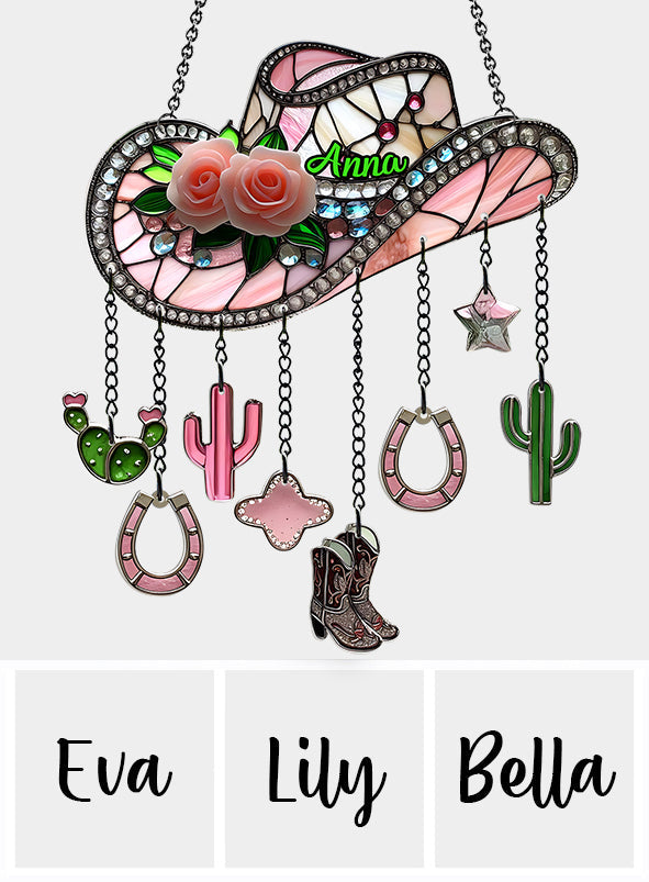 Pink Cowgirl Boots - Personalized Cowgirl Window Hanging Suncatcher With Charms