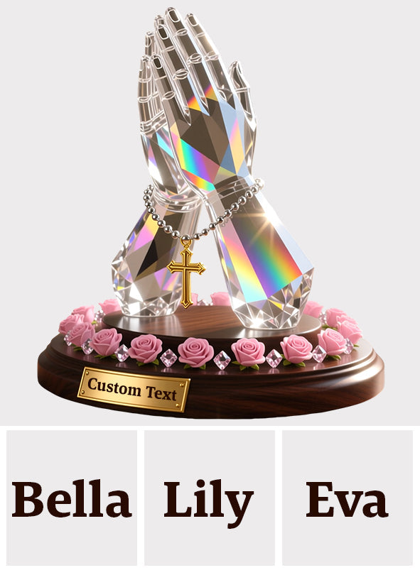 Betende Hand mit Rosen – personalisierte christliche Acrylplakette in individueller Form