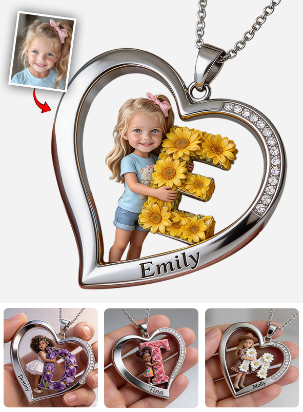 Custom Any Photo Floral Initial Name Letter - Personalized Kid Shaped Metal Pendant Necklace
