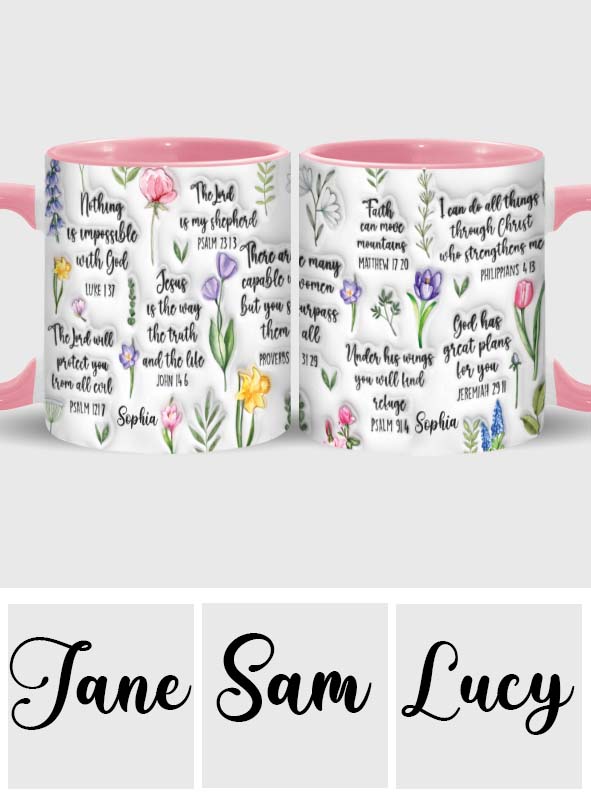 Personalisierte Tasse mit Bibelvers und Blumenmuster – christliches Design
