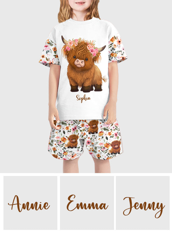 Floral Highland Cow - Personalized Highland Cow Kid T-shirt & Shorts