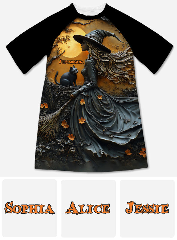 Beautiful Witch & Her Black Cat - Personalized Witch Sleep T-shirt Dress