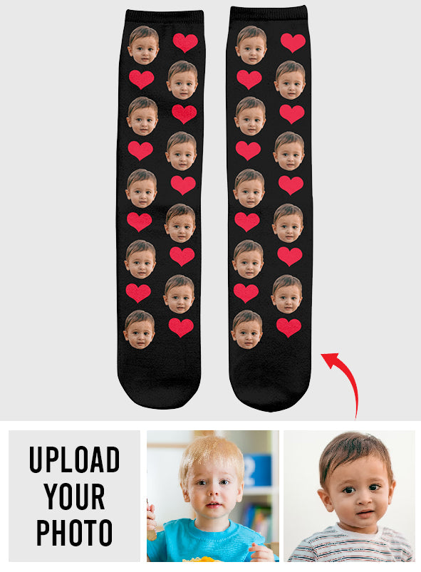 Individuelles Gesichts-Herz-Muster – personalisierte Kindersocken