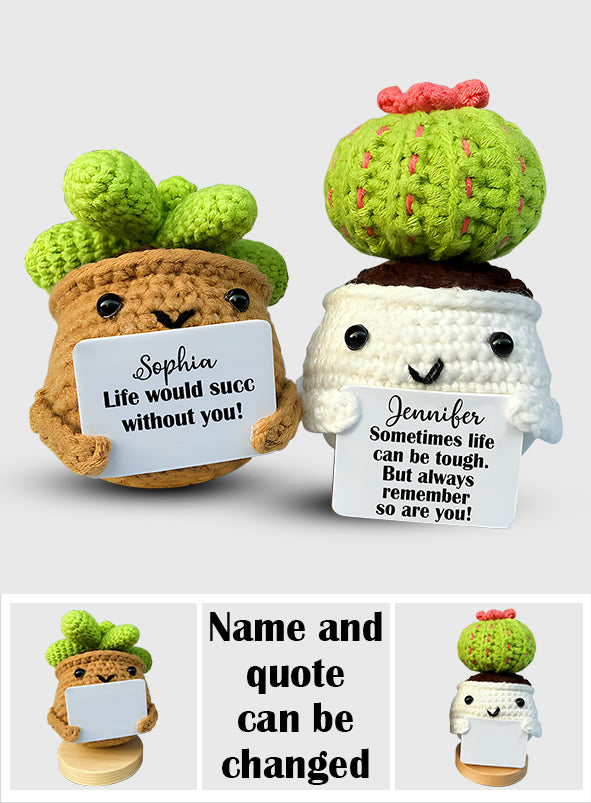 Gehäkelter Kaktus mit positivem Spruch – personalisierte, handgestrickte Kaktusfigur