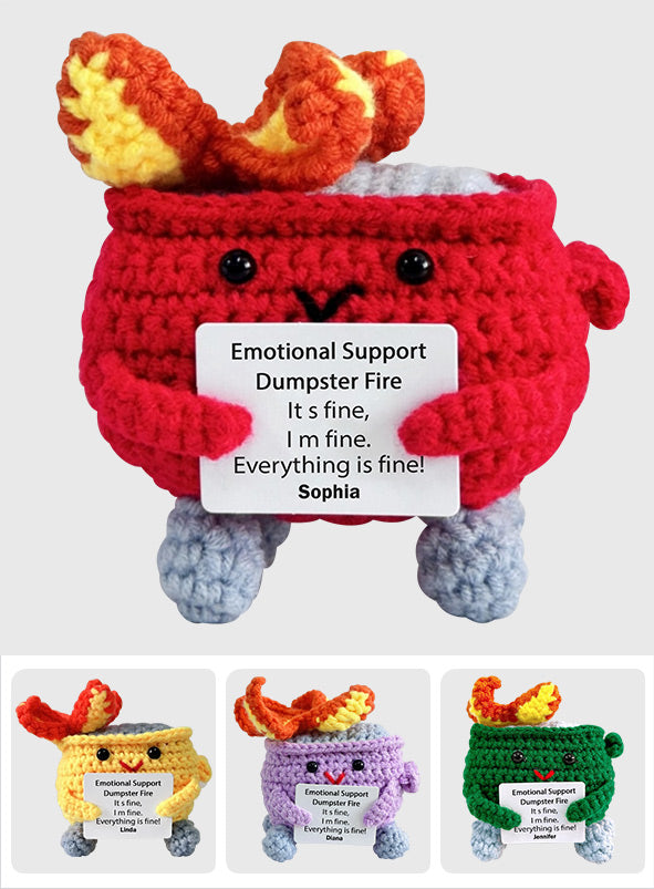 Cute Emotional Support Dumpster Fire Crochet - Personalized Colleague Hand Knitted Figurine
