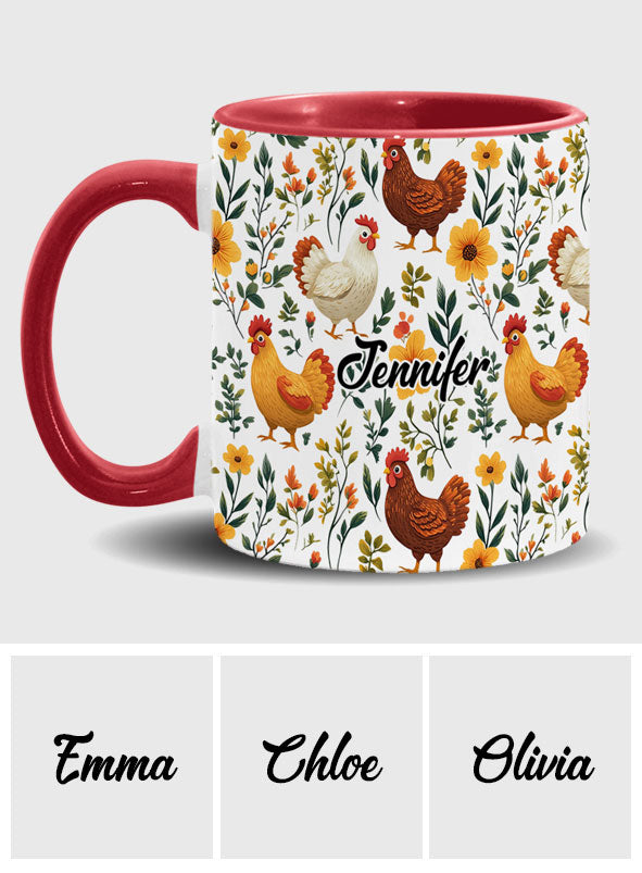 Niedliche Hühner mit Blumenmuster – personalisierte Tasse mit Hühnermotiv