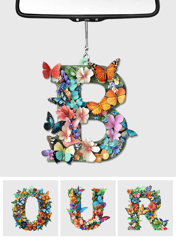 Flowers And Butterflies Letter - Personalized Butterfly Car Ornament