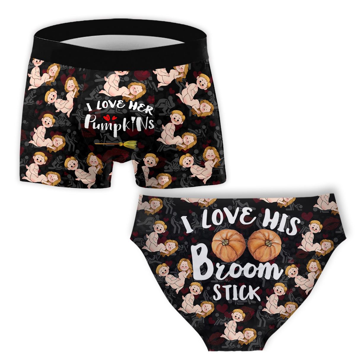 Ich liebe seinen Besen, ich liebe ihre Kürbisse – Personalisierte Partner-Slips für Damen und Herren