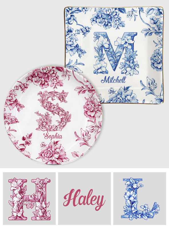 Blue & Pink Floral Toil Letter - Personalized Gift For Friend Fully Printed Jewelry Dish
