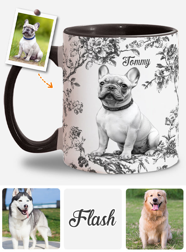 Personalisierte Tasse mit Hundemotiv und individuellem Welpenfoto im Toile-de-Jouy-Stil