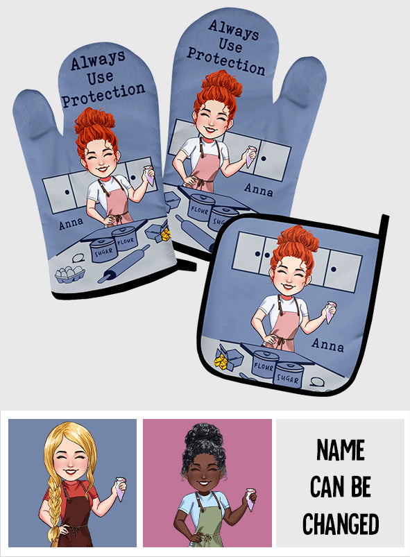 Immer Schutz verwenden – Personalisiertes Set aus Ofenhandschuhen und Topflappen